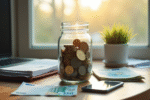 Coffre rempli de pièces et billets d euro sur une table en bois