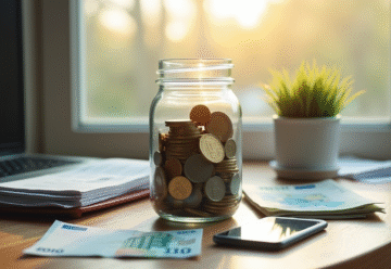 Coffre rempli de pièces et billets d euro sur une table en bois