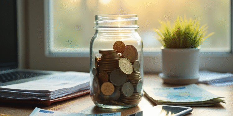 Coffre rempli de pièces et billets d euro sur une table en bois