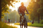 Cycliste adulte dans un parc urbain ensoleille avec velo electrique