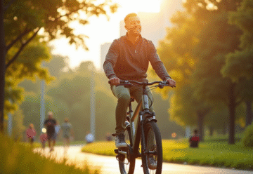 Cycliste adulte dans un parc urbain ensoleille avec velo electrique
