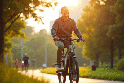 Cycliste adulte dans un parc urbain ensoleille avec velo electrique