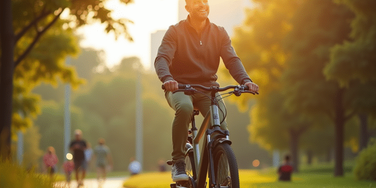 Cycliste adulte dans un parc urbain ensoleille avec velo electrique