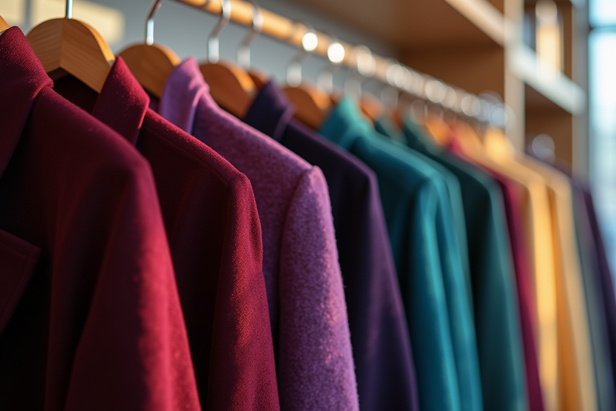 Vêtements de créateur colorés sur une vitrine de boutique
