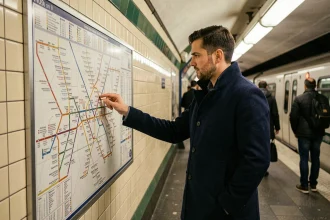 Voyageur consultant le plan de la ligne 9 du métro parisien pour trouver la correspondance la plus rapide