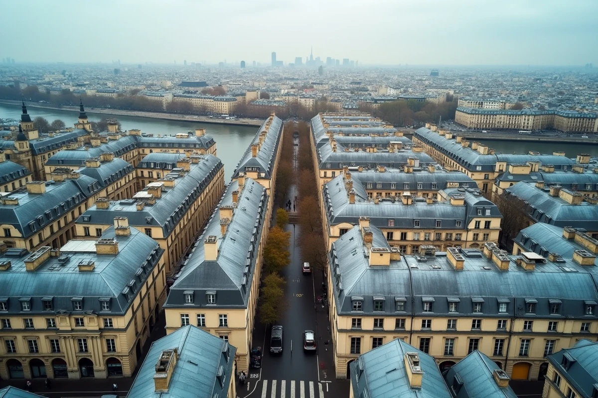 Vue aérienne des toits de Paris et de la Seine illustrant les arrondissements de la capitale